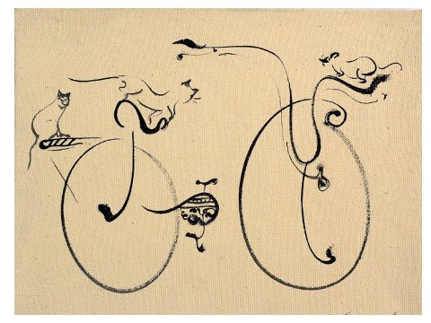 自転車と白猫のバリ絵画の画像