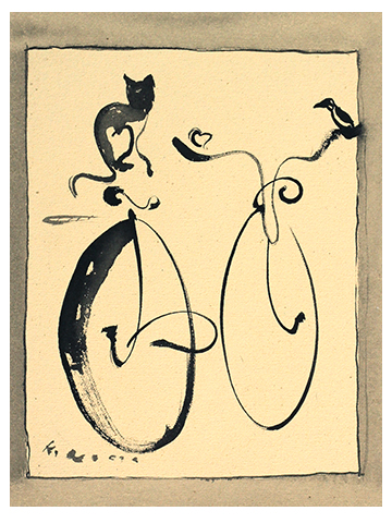 自転車と猫のバリ絵画の画像