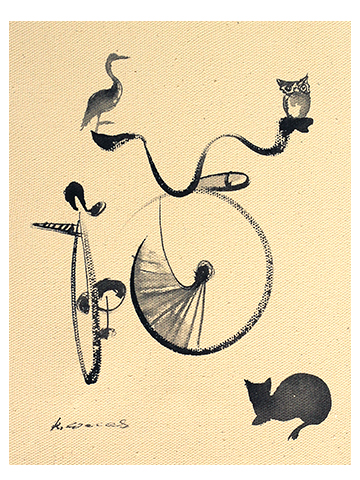 自転車とバリ猫と鳥のバリ絵画の画像
