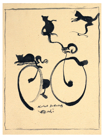 3匹の黒猫と自転車のバリ絵画の画像