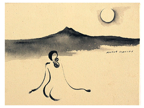 満月の夜とアグン山のバリ絵画